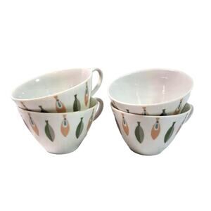 Vintage 50-60s MCM Tea Coffee Cups White Porcelain Green Pink Leaf Design